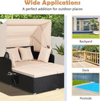 Tangkula Patio Rattan Daybed with Retractable Canopy, Outdoor Wicker Sunbed Lounger with 2 Foldable Side Tables, Thick Seat & Back Cushions, Outside Double Daybed for Garden, Backyard, Porch