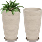 Set of 2 Tall Planter, 21 inch Large Plastic Planter with Drain Hole & Saucers, Large Outdoor Planters for Porch, Garden, Patio, Balcony(Oat Color)