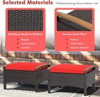 Tangkula 2 Piece Patio Rattan Ottomans, Outdoor Wicker Footstool w/Acacia Wood Handles, Soft Zippered Cushions, 3-in-1 Function Footstool Seat & Side Table for Backyard, Balcony, Poolside (Red)