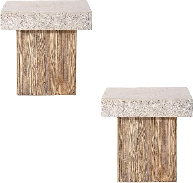 COSIEST Outdoor Medium Side Table, Patio Coffee Table, 19.7 inches Square MgO End Stool with Faux Wooden Pedestal Base,for Patio, Garden, Backyard, Antique Beige
