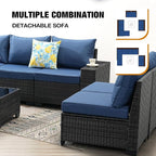 9 Pieces Patio Furniture Set All-Weather Outdoor Wicker Sectional Conversation Sofa Rattan Patio Seating Sofa with Cushion and Glass Table and Ottoman for Porch Poolside,Navy