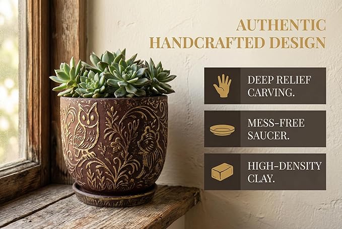 Decorative Ceramic Planter Pot with Saucer, Brown with Gold and Silver Owl Pattern, Indoor Garden Container with Drainage (G&S, 6 inch)