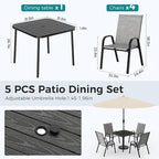 Pamapic Outdoor Dining Sets for 4, Square Steel Slat Table with 4 Textilene Chairs, 5 Piece Patio Table and Chairs Set with Adjustable Umbrella Hole for Patio,Garden, Backyard, and Poolside (Grey)