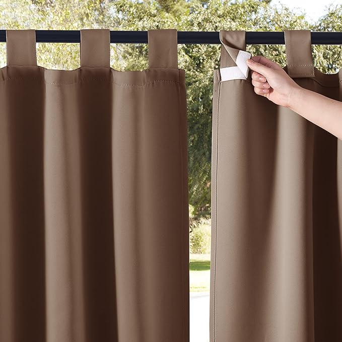 NICETOWN Porch Curtainss Outdoor Waterproof for Patio Set of 2, Self-Stick Tab Top Blackout Indoor Outdoor Dividers Vertical Blinds Keep Privacy for Pergola/Patio, W52 by L84 inches, Tan