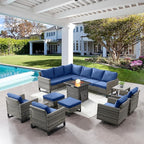 Patio Sectional Furniture Set with Fire Pit Table: 10 Pieces Wicker Patio Conversation Set with L Shaped Sofa, Outdoor Swivel Glider Rocker, Rattan Club Chairs, Ottomans, Removable Cushions Blue