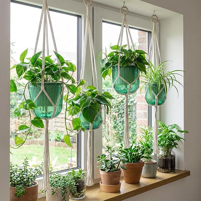 6 Pack Self Watering Hanging Planters Indoor Flower Pots(4.5"+6.5") Visible Water Level Markers 3 Hanging Ropes with Drainage Holes for Indoor Outdoor Garden Home Decor Supplies(Emerald)
