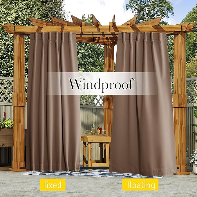 NICETOWN 2 Panels Outdoor Curtains Waterproof Pocket & Back Tab on Top & Bottom, Thermal Insulated Windproof Sun Blocking Outside Privacy Drapes for Patio with Fixed Rope, W84 x L84, Tan