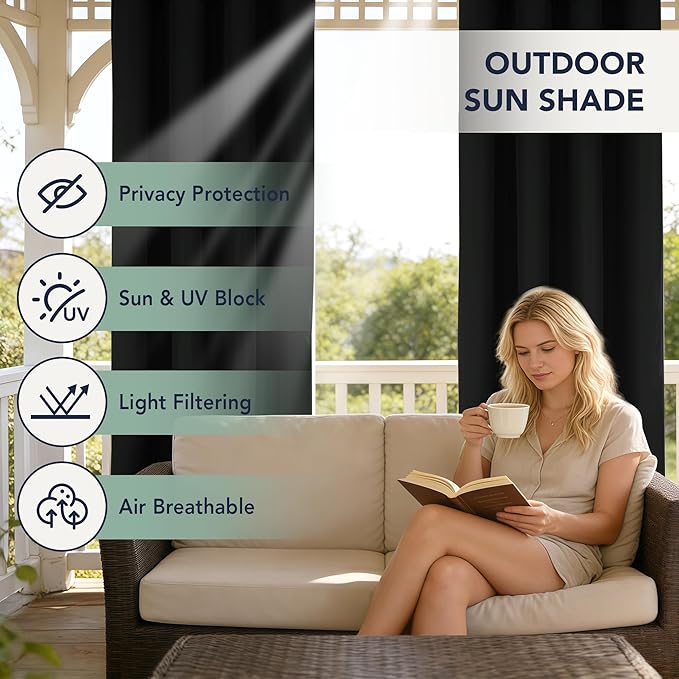 Black Outdoor Curtains for Patio Waterproof - 6 Panels Privacy Weatherproof Outside Curtains with Grommets for Pergola, Gazebo, Porch, Cabana, Balcony, 54 x 120 Inch