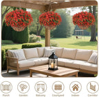 Artificial Hanging Flower for Outdoors, Fake Hanging Basket for Outside,1 Hanging Basket with 13 Pcs Faux Silk Flowers for Porch, Balcony and Patio Decor(Red)