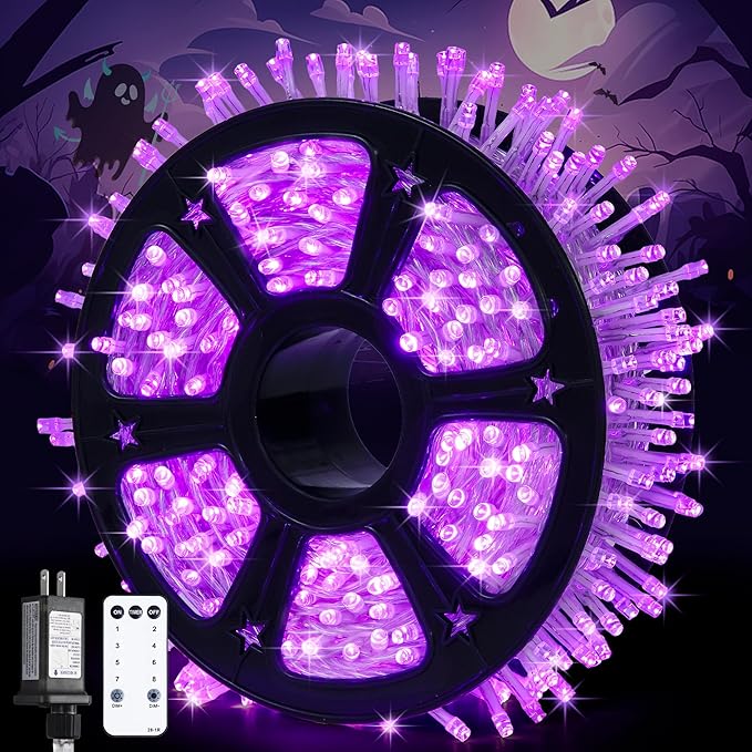 String Lights, 168 ft Purple LED Halloween Outdoor with Remote Control