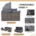 Vicluke 6 Pieces Patio Furniture Sets Outdoor Sectional Sofa Set Rattan Daybed with Retractable Canopy, Adjustable Backrest, Storable Tea Table Rectangle Sunbed for Backyard Garden Poolside(Grey)