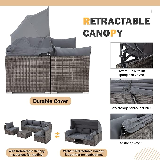 Vicluke 6 Pieces Patio Furniture Sets Outdoor Sectional Sofa Set Rattan Daybed with Retractable Canopy, Adjustable Backrest, Storable Tea Table Rectangle Sunbed for Backyard Garden Poolside(Grey)