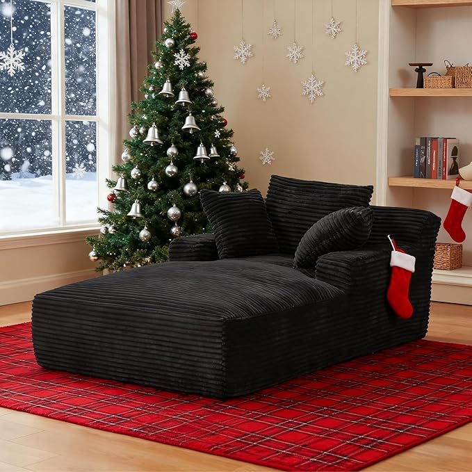 78.7" Chaise Lounge Chair Indoor, Oversized Boneless Couch Comfy Upholstered Sleeper Sofa Bed with 3 Pillows, Corduroy Cloud Reading Chair for Living Room No Assembly Required, Black