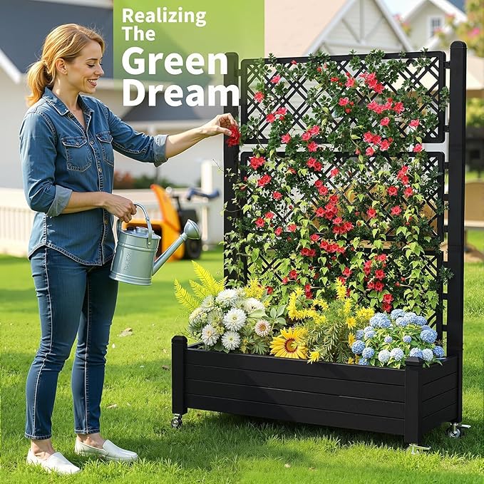 EasyUp Rolling Garden Planter Box with Trellis & Lockable Casters, Outdoor Raised Bed with Drainage & Water Gauge, Durable Resin for Patio, Balcony, Yard, Dust-Proof (Black, 43.43 * 18.27 * 64.29)