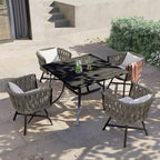 Grand patio 5-Piece Outdoor Dining Set for 4, Patio Dining Furniture Set for 4 Swivel Rope Wicker Chairs & 1 Square Dining Faux Woodgrain Table with Umbrella Hole, Light Gray Brown