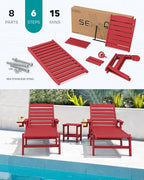 SERWALL Patio Chaise Lounge Chair Set of 2, 78'' Long 5-Positions Adjustable HDPE Outdoor Lounger for Pool, Poly Lounge Chair with Rolling Wheels & Cup Holder for Poolside, Deck, Bright Red