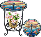 Outdoor Side Table Round Small Mosaic Patio Accent Indoor End Plant Coffee Tea Table for Yard Patio Porch Garden Living Room, Bedroom(Dragonfly Style,12 Inch)
