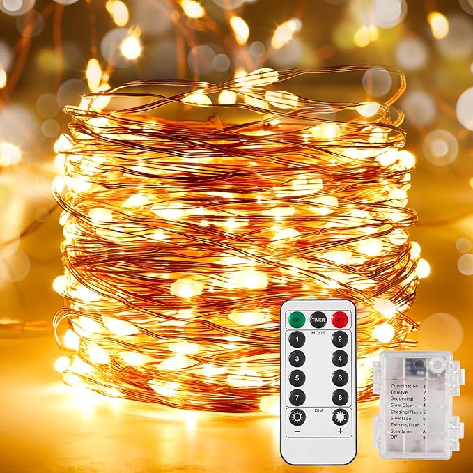 String Lights, 65.6 Ft Battery Powered Warm White LED with Remote