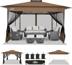 COBIZI 13x13 FT Pop up Gazebo on Clearance - Outdoor pop up Canopy Tent,carpas para Patio, Shelter - Screen Tents with Portable Carry Bag, Patio Gazebos for Camping,Garden,Deck,Backyard,Brown
