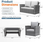 Wisteria Lane 4 Piece Patio Furniture Set, Wicker Outdoor Patio Conversation Furniture Set, All Weather Outdoor Patio Sofa with Cushion and Glass Table, Ash Gray