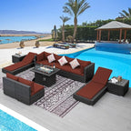 NICESOUL 11 Piece Outdoor Furniture with Fire Pit Propane/Gas, 29.3'' High Back Patio Sectional with Fire Pit & Chaise Lounge, 500 lbs Heavy Duty Large Deep Couches, 2 Color Cushion Burgundy & Gray