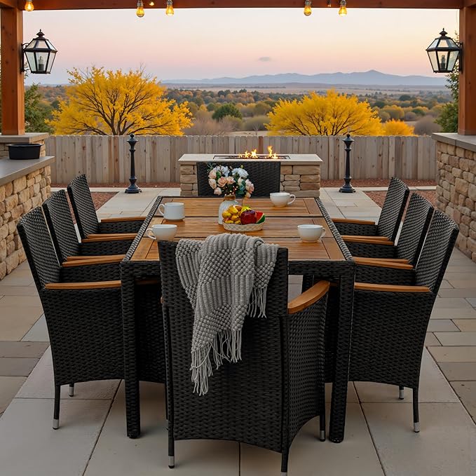 Greesum 9 Pieces Outdoor Patio Dining Set, Conversation Sets with 1 Table and 8 Rattan Chairs with Curved Acacia Wooden Armrests and Cushions, Black