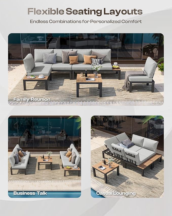 Aluminum Outdoor Patio Sofa Set, 2 Seats Modular Sectional Reclining Loveseat Sofa with Adjustable Backrest & Removable Cushions, All-Weather Conversation Sets for Garden & Yard, Gray