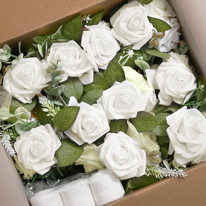 Artificial Rose Chair Flowers, White, Set of 10 for Wedding Aisle Decor