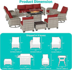 13-Piece Outdoor Patio Furniture Set with Rocking Swivel Chair, PE Wicker Rattan Sectional Sofa Patio Conversation Set with 55,000 BTU Fire Pit Table & Coffee Table, Red