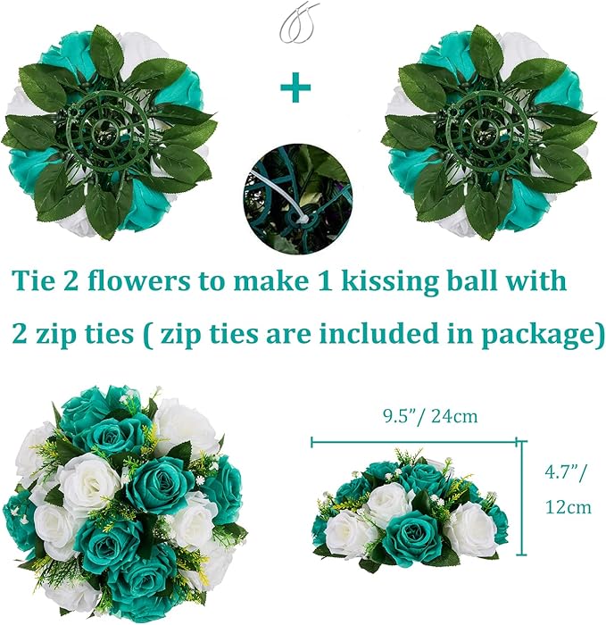 Artificial Flower Balls, Teal and White Silk Roses for Centerpieces