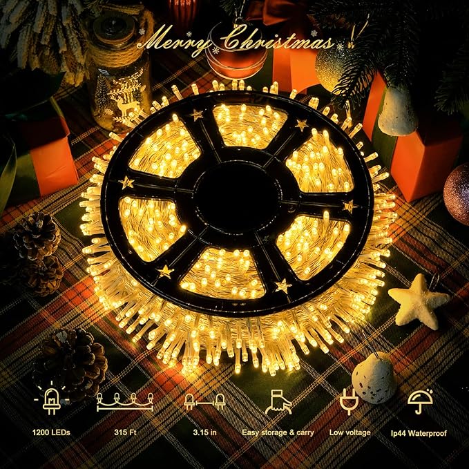 String Lights, 1200 LED Warm White, 315 ft with 8 Modes and Remote