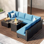8-Piece Patio Furniture Set with 50,000 BTU Fire Pit Table - Wicker Outdoor Sectional Sofa with Thick Waterproof Cushions, Complete Conversation Set for Backyard Garden(Brown & Peacock Blue)