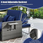 Tangkula Patio Rattan Daybed with 4-Level Adjustable Backrest, Outdoor PE Wicker Loveseat with Storage Ottoman & Folding Side Table, Double Sunbed for Balcony, Backyard & Poolside, Navy & Grey