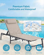 Foldable Chaise Lounge Chair with Cup Holder, Assemble-Free Outdoor Lounge Chair with Detachable Pillow and 6 Adjustable Backrest, Patio Lounge Chair for Outside Poolside Beach Pool, Khaki
