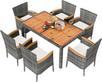 Shintenchi 7 Piece Patio Dining Set, Wicker Patio Conversation Set with Wooden Table Top, Outdoor Table and Chairs with Soft Cushions for Backyard, Deck and Garden, Grey Wicker