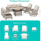 10-Piece Outdoor Patio Furniture Set with Rocking Swivel Chair, PE Wicker Rattan Sectional Sofa Patio Conversation Set with 55,000 BTU Fire Pit Table & Coffee Table, White