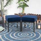 2 Pieces Outdoor Ottomans for Patio, Assembled Patio Ottomans with Bule Cushions, Metal Small Outdoor Footrest for Patio Porch Yard Garden Deck, Gray Frame