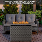 Belord 6-Piece Outdoor Sectional Furniture Set with 41” Fire Pit Table, 5-Seater Patio Furniture Set with Swivel Glider Chairs & Storage Box, 50000 BTU Propane Fire Pit Table, All-Weather PE Wicker