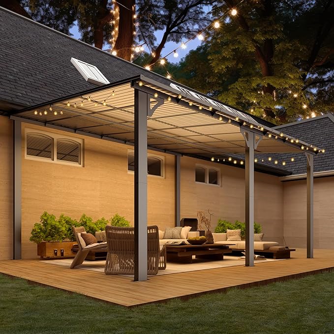 AECOJOY 14' x 12' Gazebo Outdoor Pergola, 12x14 Large Wall-Mounted Hard Top Lean to Metal Gazebo Shelter Pergolas and Gazebos Clearance with Patio Roof, Heavy Duty Awnings for Backyard, Decks