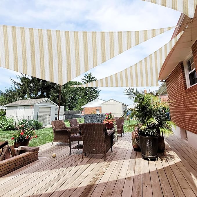 Patio Paradise 8' x 8' x 8' Sun Shade Sail Triangle Canopy Shade Cloth Fabric Sunlight Block Patio Pergola Cover HDPE Deck Awning for Outdoor Backyard Roof Shading, Beige White Strip