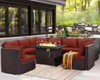 NICESOUL 9 Pcs Large Patio Furniture Set with Fire Pit Propane/Natural Gas, 29.3'' High Back Wicker Outdoor Sectional for 8 People, Modular Deep Sofa Conversation Sets, Brown Rattan and Red Cushion