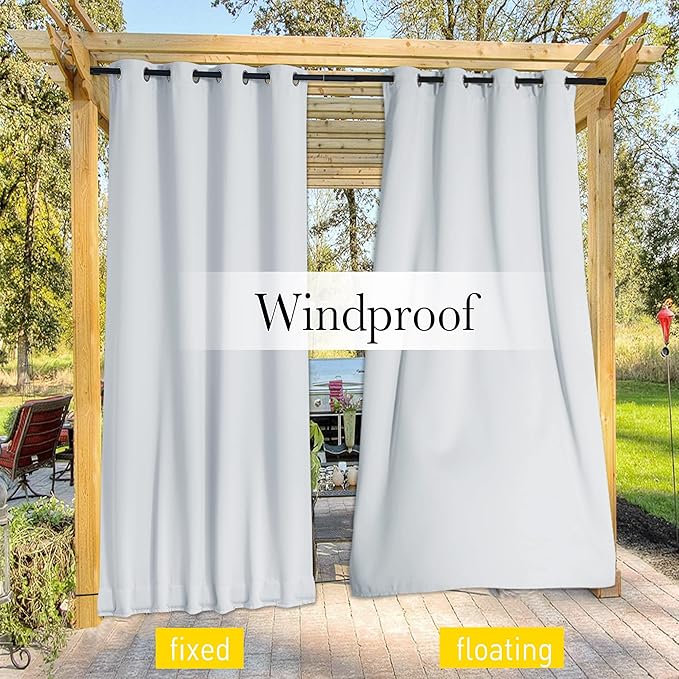 NICETOWN 2 Panels Outdoor Curtains Waterproof Extra Long 95" for Patio, Windproof Top & Bottom Grommet & Back Tab Weighted Blackout Outdoor Drapes with Rope for Fixed, 84" Wide, Greyish White