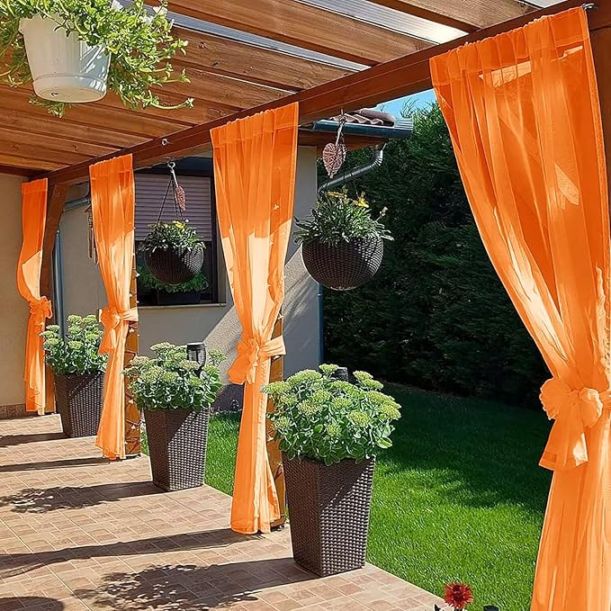 SpaceDresser Waterproof Outdoor Sheer Curtains for Patio - 2 Panels Rod Pocket Indoor Voile Sheer Curtain for Living Room,100W x 108L inch, Orange