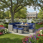 Tangkula 7 Pieces Patio Furniture Set, Outdoor Sectional Rattan Dining Sofa Set with Cushions, All Weather Wicker Conversation Couch Set with Dining Table & Ottomans for Yard Garden Poolside, Navy
