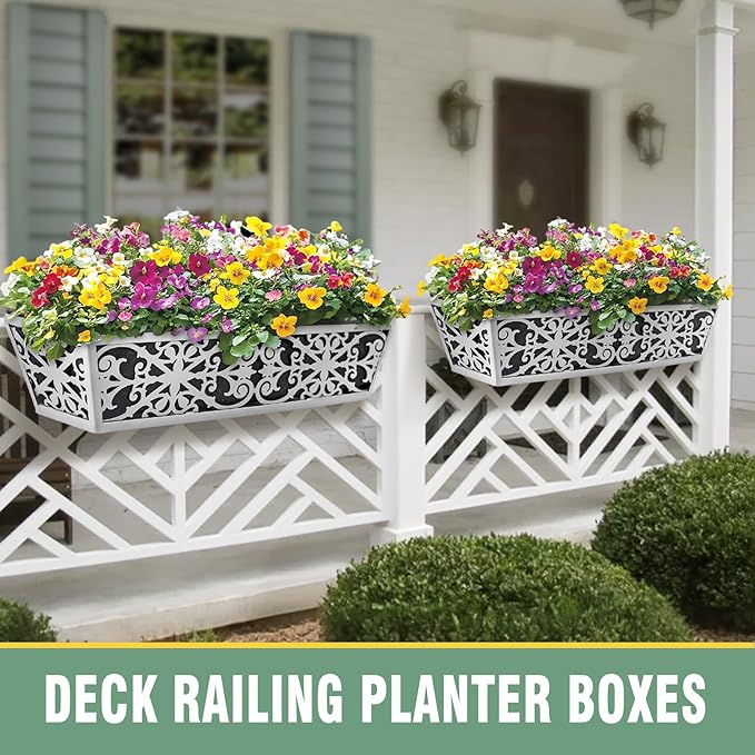 4 Pack 24 Inch Window Boxes Planter for Outdoor Plants Deck Railing Planters Box with Adjustable Brackets for Porch Fence Balcony Hanging Flower Baskets with Non-Woven Fabric Liner for Garden Decor