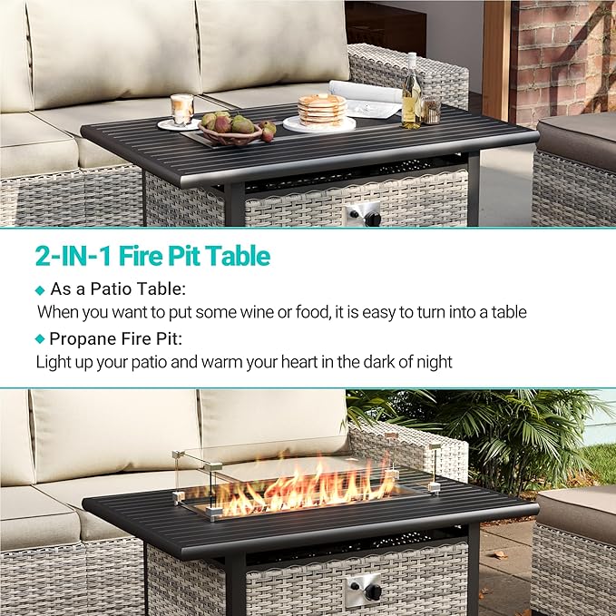 11-Piece Outdoor Patio Furniture Set with Rocking Swivel Chair Wicker Sectional Sofa Set, Patio Conversation Set with Ottomans & Coffee Table for Garden, Backyard, Poolside, White