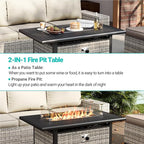 9-Piece Outdoor Patio Furniture Set with 55,000 BTU Fire Pit Table, PE Wicker Rattan Sectional Sofa Patio Conversation Set with Ottomans & Coffee Table, White