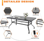 NUU GARDEN 7 Piece Outdoor Dining Set Rectangle Iron Patio Table with Umbrella Hole and 6 Swivel Chairs with Cushions Outdoor Furniture Set for Garden Backyard Black and Red