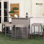 Outsunny 5 Piece Wicker Outdoor Bar Set, High Top Outdoor Table and Chairs, Bar Height Patio Set with Glass Table Top 2 Tier Storage Shelf and 4 Bar Stools for Garden, Poolside, Gray