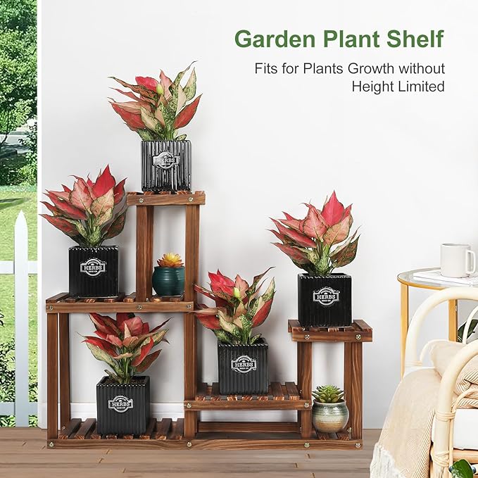 Pine Wood Plant Stand Indoor Outdoor Multi Layer Flower Shelf Rack Higher and Lower Plant Holder in Garden Balcony Patio Living Room (4 Tiers )